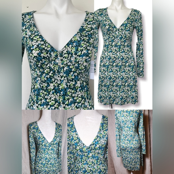 Womens Large Deep V Neck Long Sleeve Print Knit Dress - Picture 1 of 12